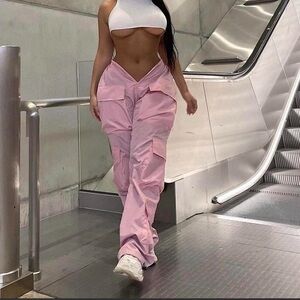 High-Waist Pink Wide-Leg Cargo Pants for Women